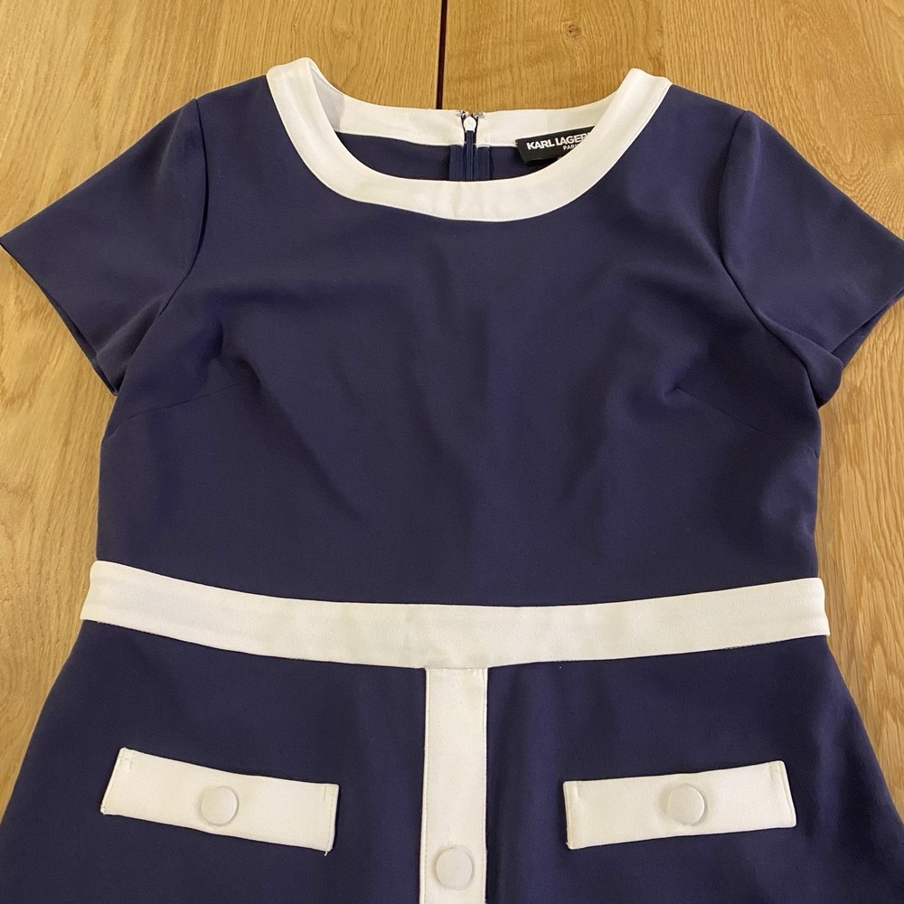 Karl Lagerfeld Paris Navy Blue White shift Dress Sz 8 50's Style Audrey Hepburn - Picture 2 of 13